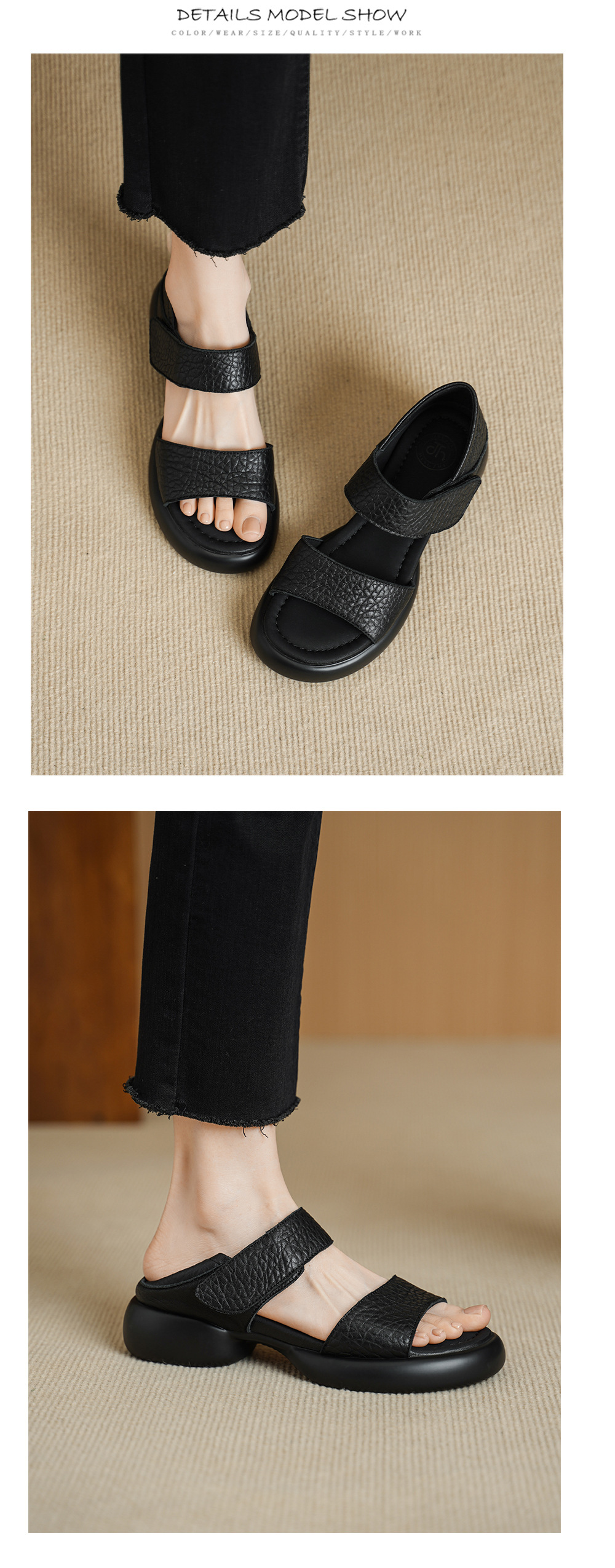 Sandal nữ hở mũi gót vuông 4 cm quai ngang đế dày chất liệu da dê — đen chi tiết 8