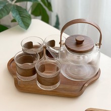 胡桃木煮茶器竖条纹玻璃茶壶可蒸泡提梁双过滤玻璃内胆耐高温煮茶