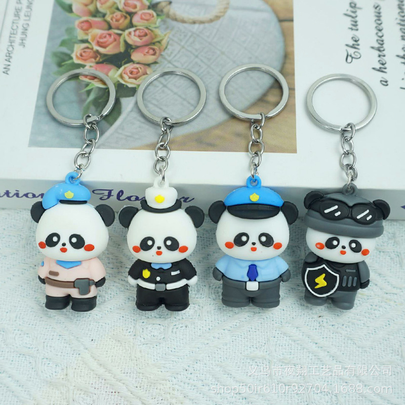 Cartoon Cute Panda Police Keychain Stereo Panda Doll Car Bag Small Pendant Gift Hanging Wholesale
