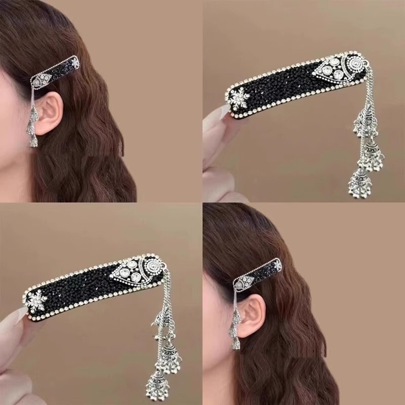 ブリリアント黒曜石フラッシュダイヤモンドヘアピンエスニックスタイルベルタッセルbbクリップ女性のハイエンド甘い額サイドクリップ|undefined