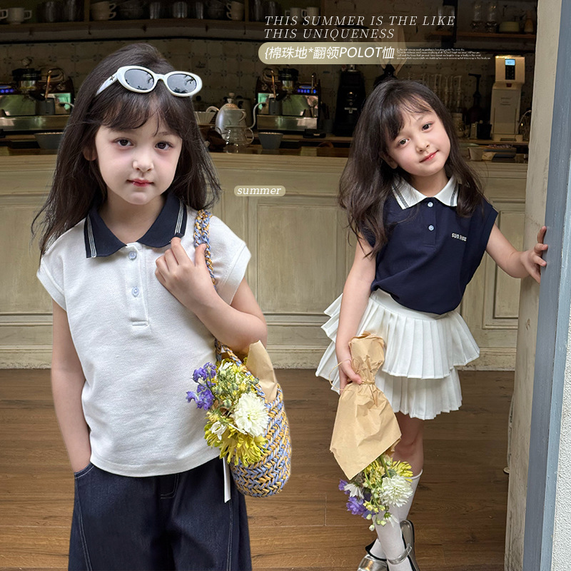 Aimo Beibei Summer Kidsren's Casual T-Shirt Sleeveless Top for Girls and Babies with Contrasting Color Small Lapel Polo Vest