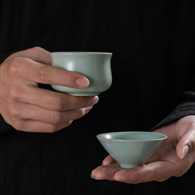汝窯茶杯闘笠杯主人単杯陶磁器家庭用泡茶杯開片は汝磁器の工夫を養うことができます。|undefined