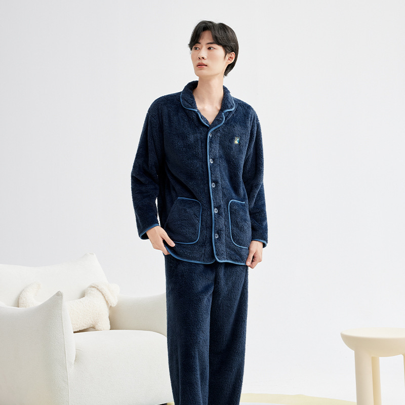 加厚珊瑚绒秋冬季翻领睡衣男冬季可外穿绒款法兰绒家居服保暖套装|undefined