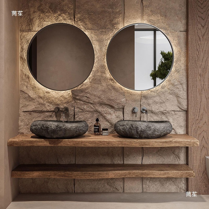 Wabi-Sabi Style Bathroom Cabinet Solid Wood Retro Washbasin Log Old Washbasin Combination Cabinet B&B Hotel Washbasin