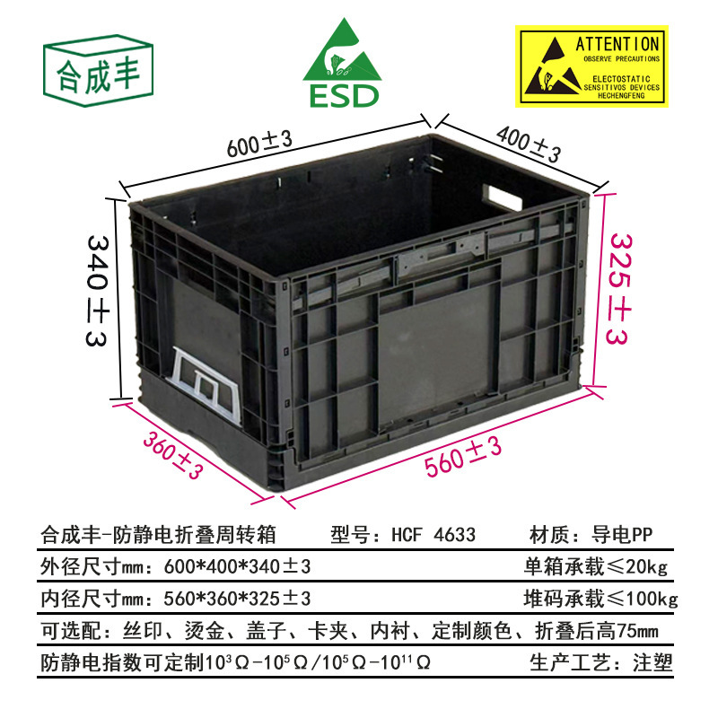 Synthetic Anti-Static Folding Turnover Box Hcf4633 Anti-Static Turnover Box