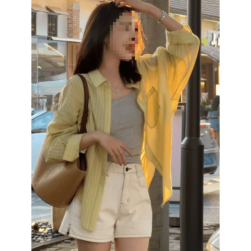 D6X Tencel Солнцезащитная рубашка Женская летняя полосатая рубашка из тенселя 2025 Новая верхняя одежда Тонкий свободный топ