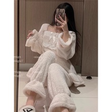 冬季睡衣女冬款长毛绒加厚2025年新款性感蕾丝宫廷风纯色套装