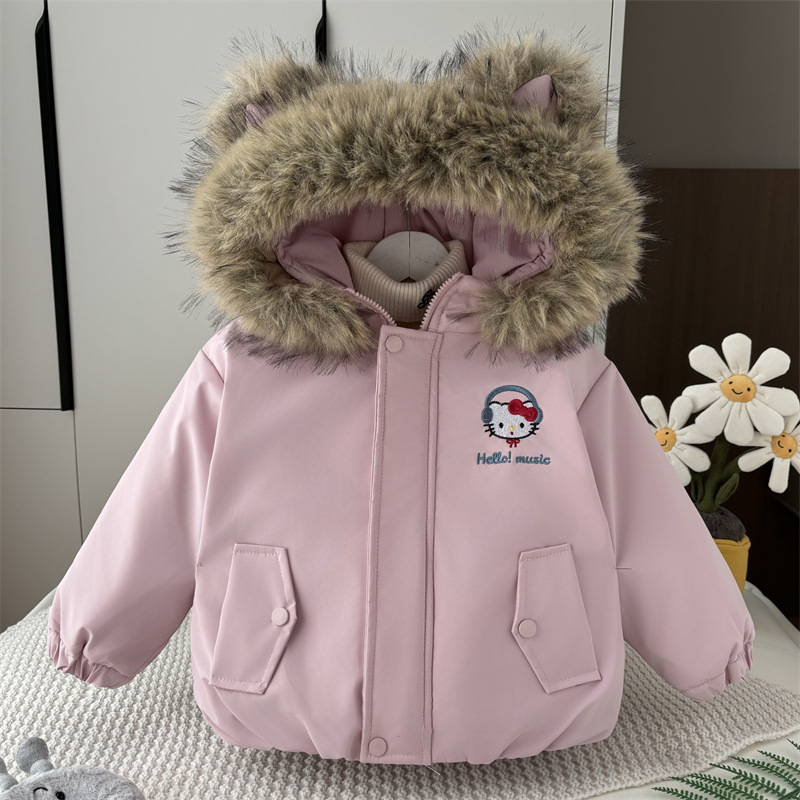 女童加绒KT猫大毛领棉服冬装2025新款儿童加厚保暖连帽棉衣外套潮