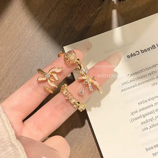 "Jasmine Notes" Gentle Personality Gradient Flower Open Ring Sweet Style Tassel Bow Ring Accessories