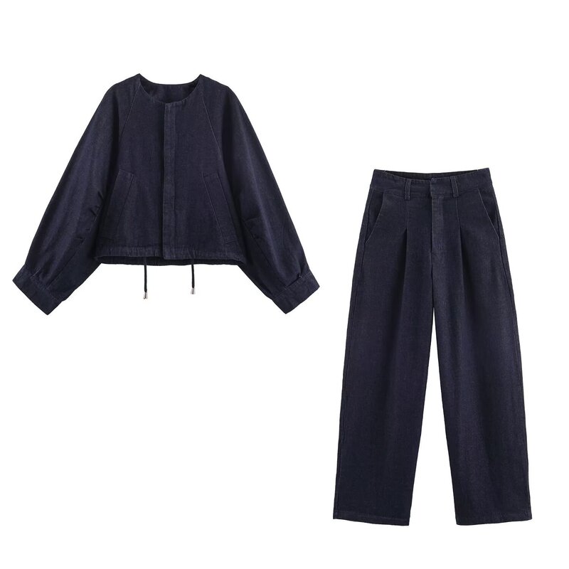 European and American Cross-Border Women's Clothing Wholesale Women's Denim Fluffy Bomber Jacket High Waist Pleated Pants Suit