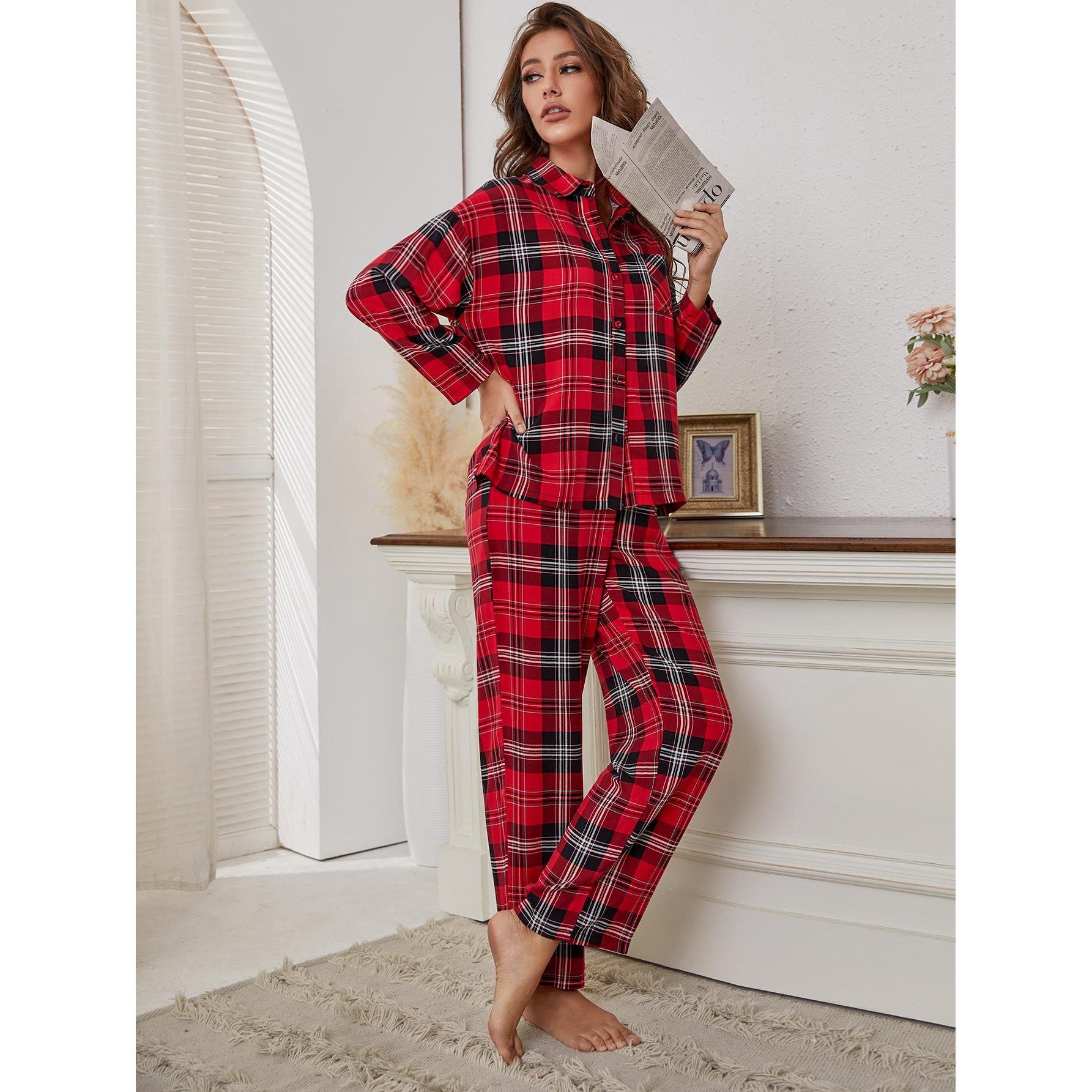 women red plaid long sleeved autumn and winter home clothes two piece set that can be worn outside foreign trade _voghion.com