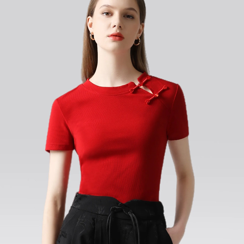 Nueva chaqueta de botón de estilo chino alta sensación de ropa de mujer 2024 nuevo estilo nacional ligero retró movimiento Centili rojo camiseta de manga corta mujer image 4