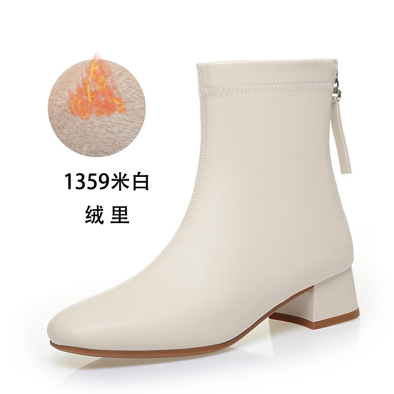 加绒小短靴女新款女瘦瘦靴粗跟圆头女靴子裸靴秋冬季皮鞋一件代发|undefined