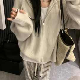 韩系连帽拉链时尚毛衣女秋冬2025新款内搭慵懒感针织开衫卫衣外套