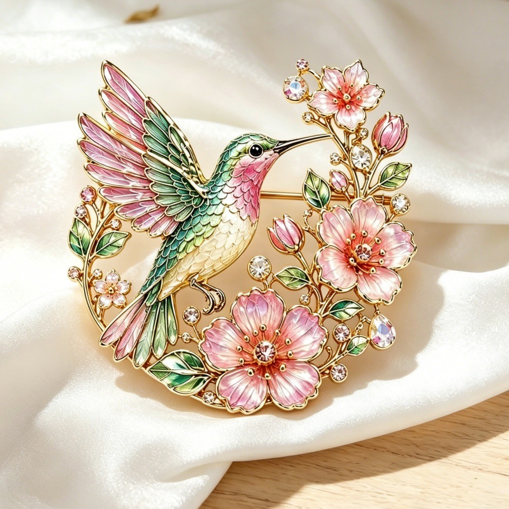 New European and American cross-border style peach blossom hummingbird brooch with diamonds for women, fashionable enamel high-end niche design