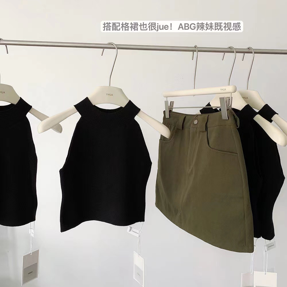 Verano de las niñas nuevo Chaleco Corto Negro estilo coreano slim fit Halter de los niños medianos y grandes color sólido a juego moda