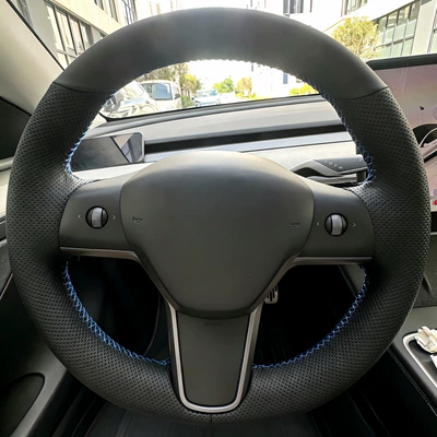 22 Tesla Model Y Special-Edition Steering Wheel Cover for Model 3 and Model X, Four-Season Hand-Stitched Steering Wheel Cover (Steering wheel cover) - tesla-series-perforated-sides-black-leather-hand-stitched-with-black-thread-38cm