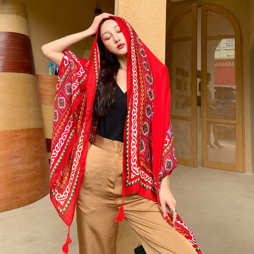 Ethnic style shawl scarf dual-use seaside sun protection beach silk scarf red large gauze scarf for women desert travel photo summer