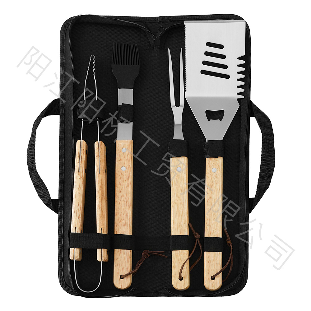 Fábrica de acero inoxidable en stock BBQ camping mango horquilla bolsa de cascada combinación de herramientas de barbacoa al aire libre