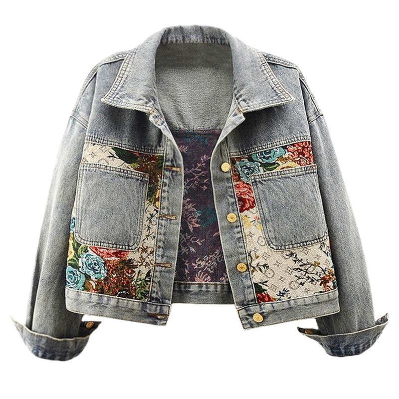 Denim short jacket, oversized loose fit with floral patchwork, cropped style