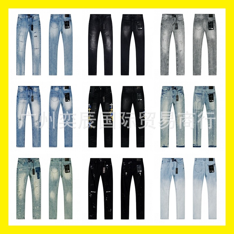 Wholesale American-Style Trendy Brand R+A Washed Vintage Ripped Embroidered Lettering Splatter Ink Straight-Leg Jeans Rta Pants