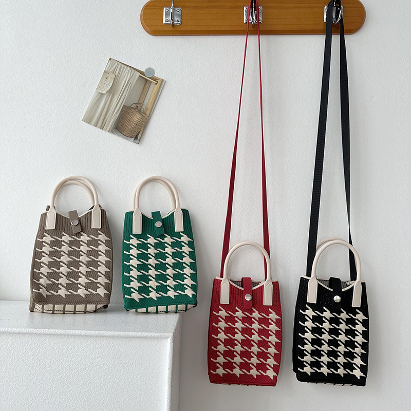 Nicho de diseño de color contraste mil pájaros tejido mini bolso de teléfono móvil coreano versátil para viajar a la calle bolso de hombro para mujeres