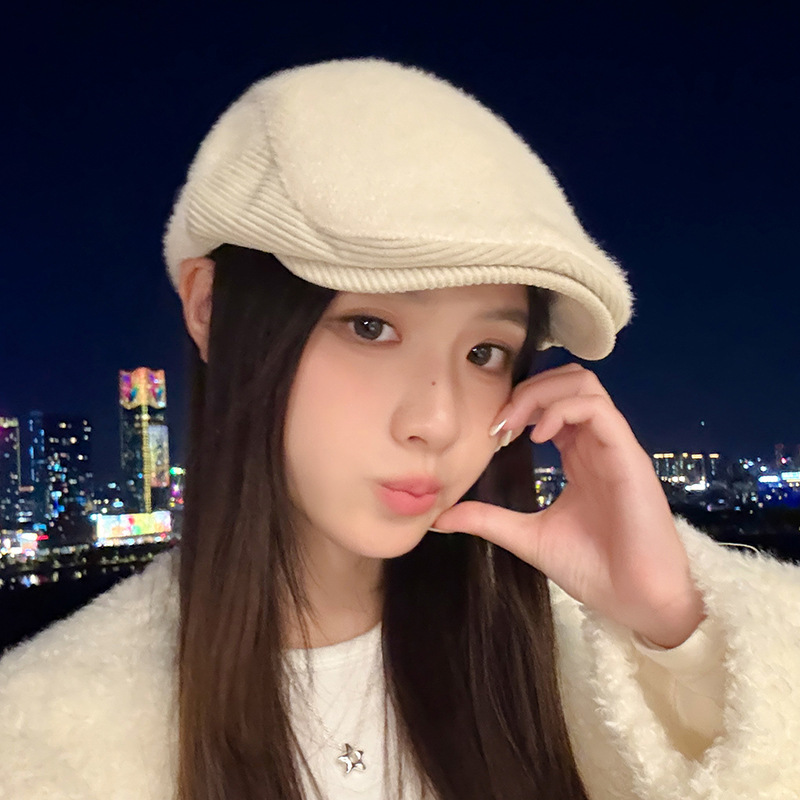 美式反戴英伦复古前进帽秋冬拼接加绒加厚鸭舌帽显脸小保暖报童帽|undefined