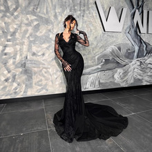 外贸速卖通欧美新款黑色挂脖长袖黑色蕾丝重工钉珠性感包臀晚礼服
