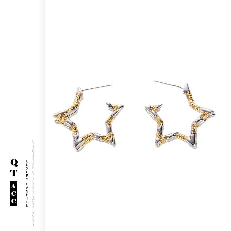 Personalidad original de los nuevos productos ins FengLiu orejas pentagonal doble forma de oro blanco contraste diseño pernos de orejas