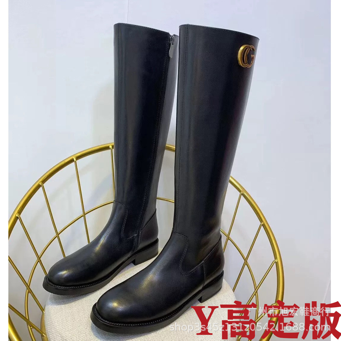 G家扣真皮不过膝长筒靴女2024新款秋冬季中粗跟高筒靴厚底骑行靴