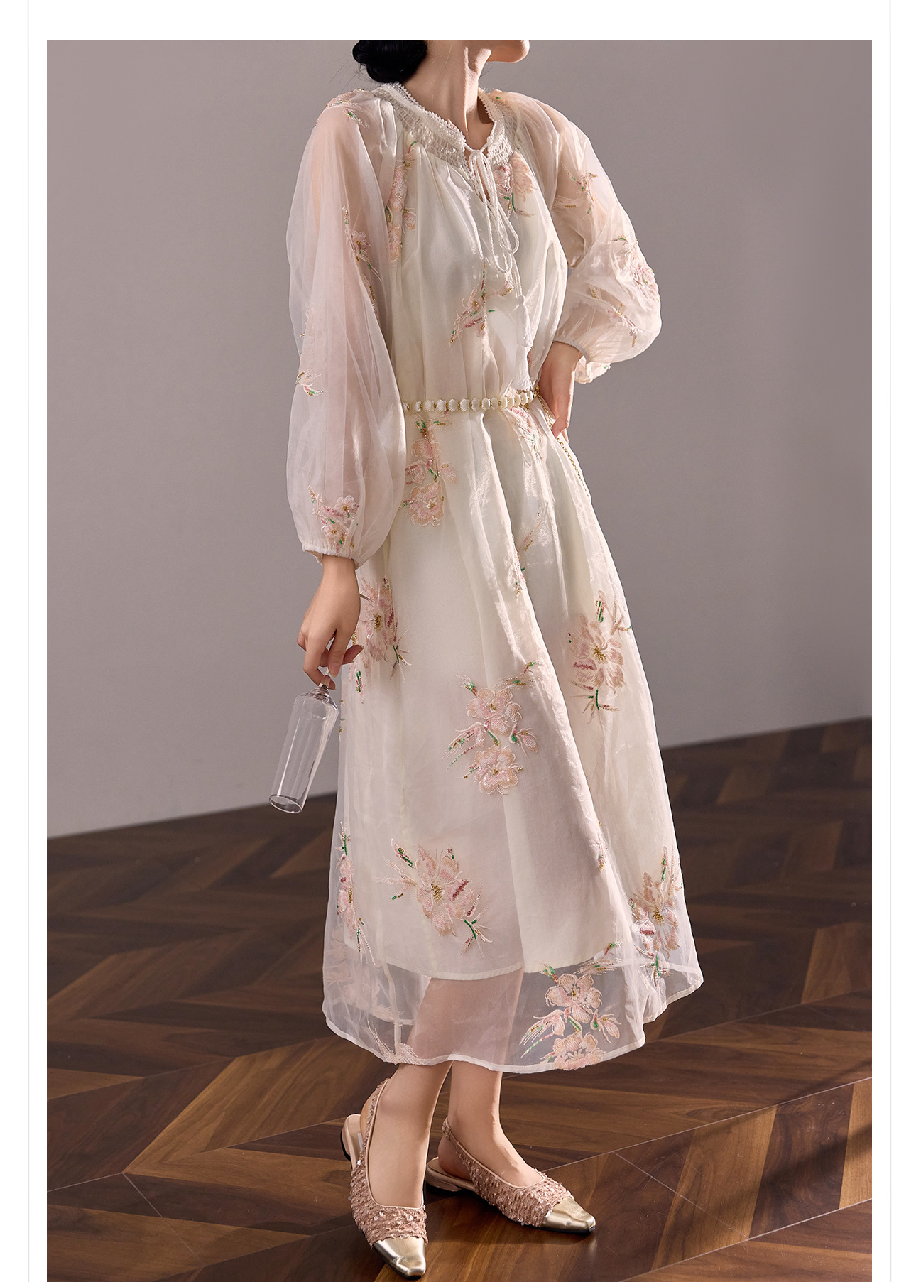Đầm maxi nữ dài tay in họa tiết phong cách dân tộc, vạt xòe rộng N4039 — quả mơ chi tiết 12