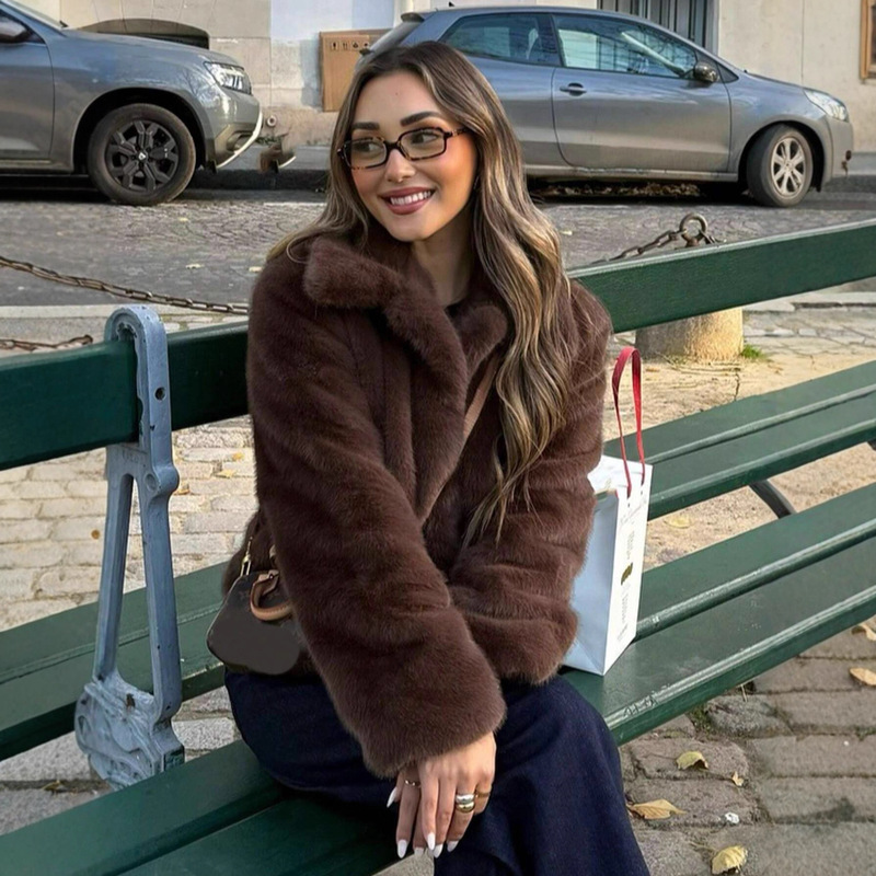 7007 Winter Women's Casual Fashion Lapel Jacket Fluffy Long Sleeve Thickened Warm Coat