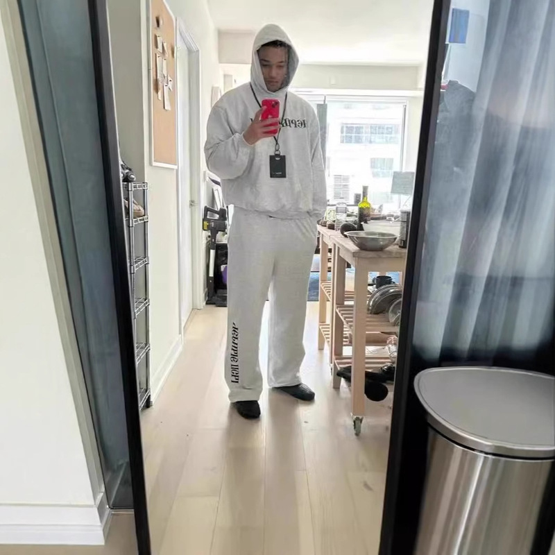 YEEZY Kanye High Street YZY Co-branded GOSHA Russian Slogan Black Dog Black Dog melange gray Thin Velvet Sweatpants