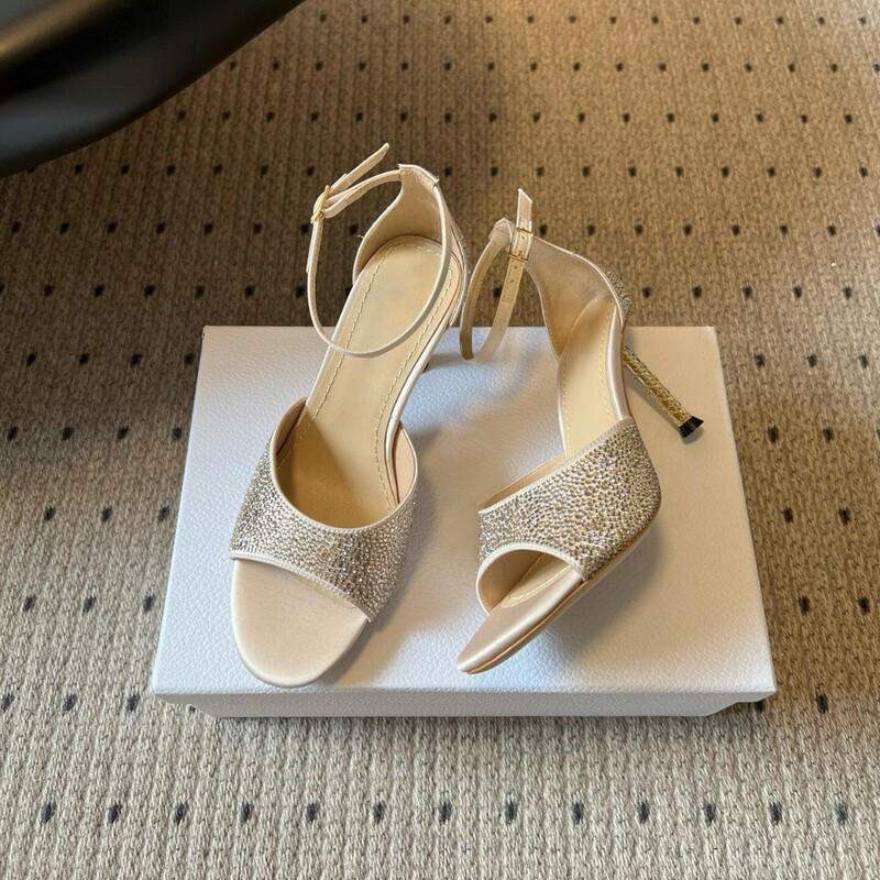 Summer Fashion New Style Champagne-Colored Rhinestone Stiletto Heel Round-Toe Open-Toe Elegant and Classy High-Heeled Sandals with a Shiny Finish