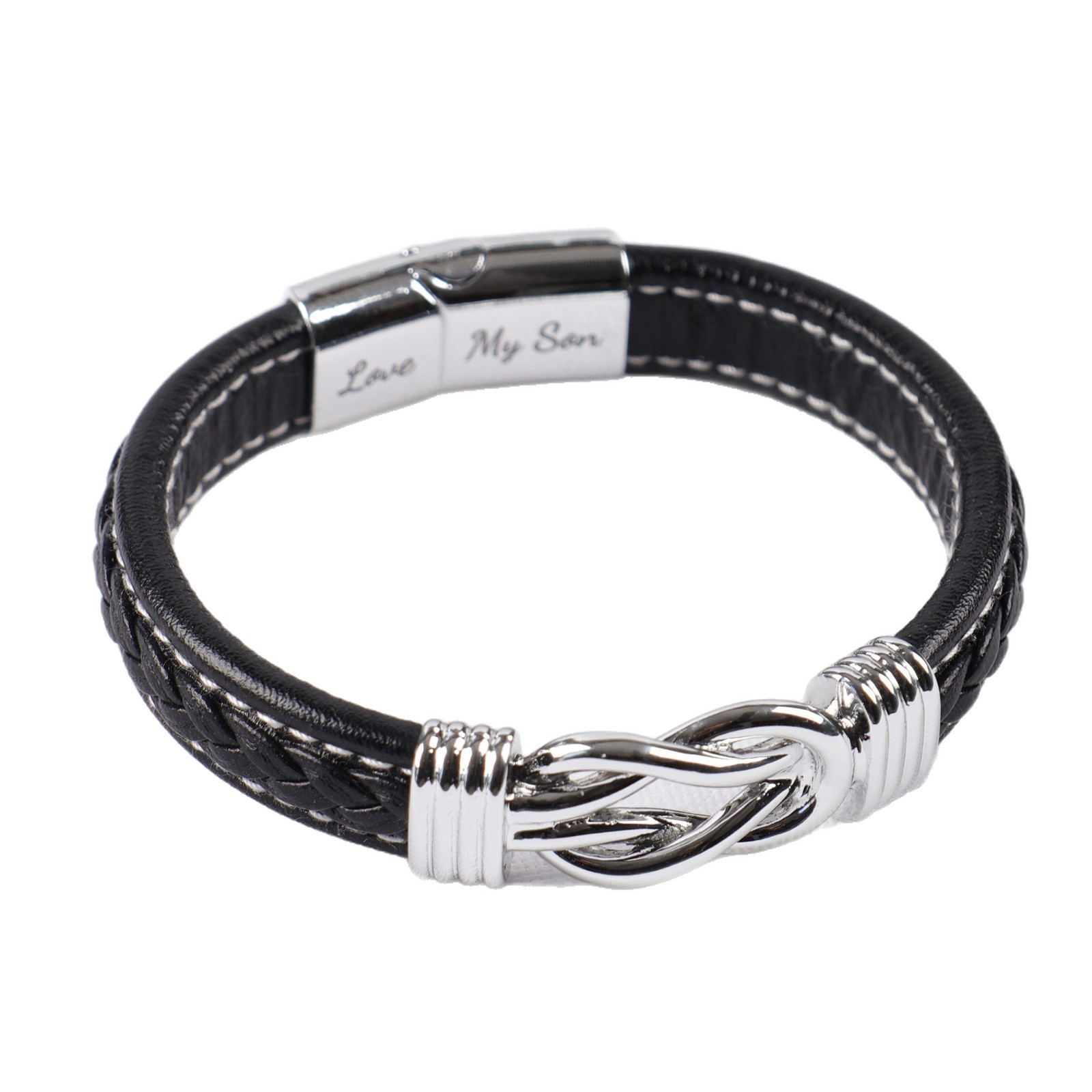 Cross-border bracelet black leather silver buckle engraved love my son+son card
