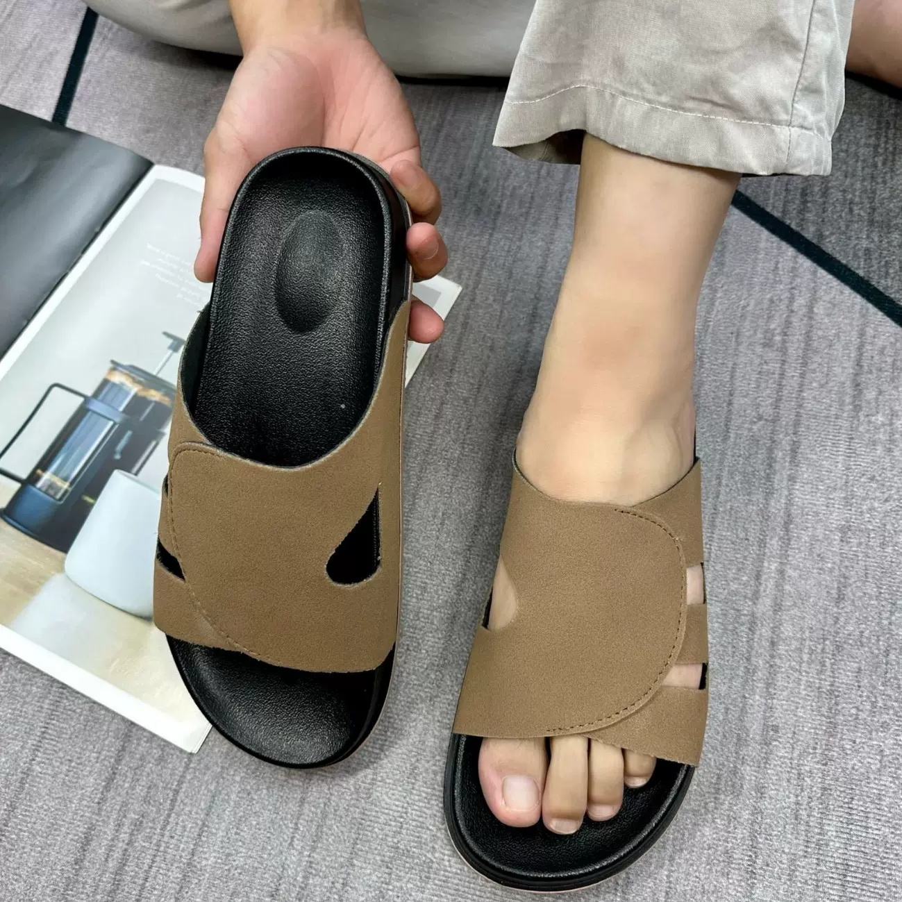 夏季H凉鞋男居家外穿百搭透气休闲slippers潮流H大牌真皮slippers