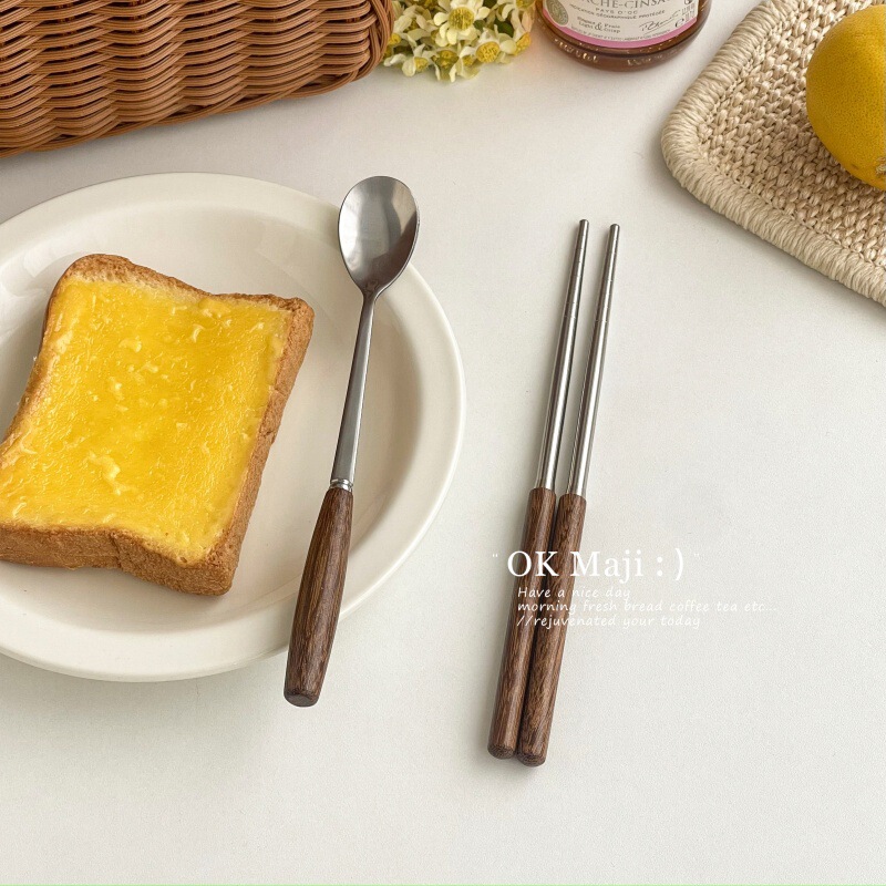 鸡翅木筷子高颜值ins风不锈钢吃饭勺子个人专用餐具套装筷子勺子|undefined