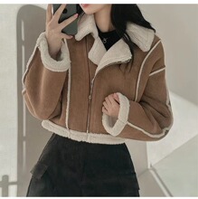 韩国chic秋冬麂皮绒皮毛一体羊羔毛外套女加绒加厚短款机车服夹克