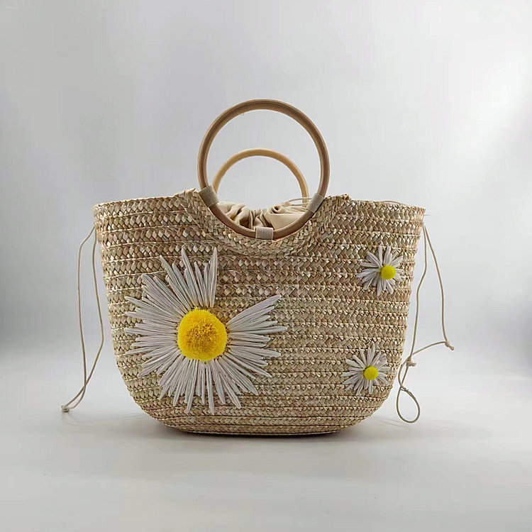 Beach Style Dumpling Shape Shape Women's Straw Grass Flower Beach Embroidery Dumpling Shape String Handbag