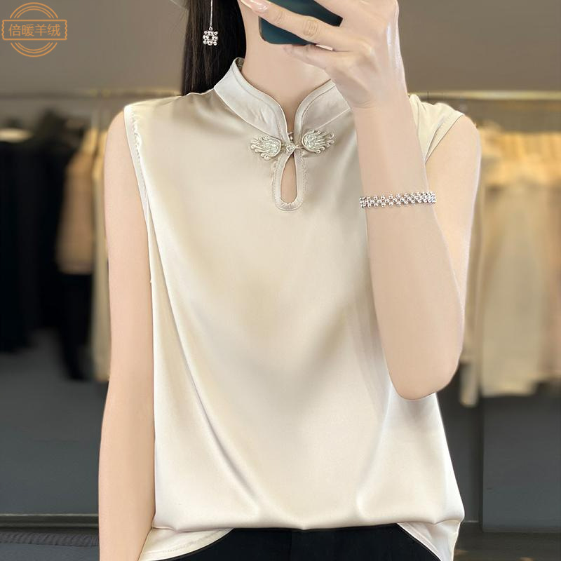 Guofeng Vertical Collar Buckle Silk Vest Women's New Chinese Retro Cheongsam Collar Sleeveless Satin Inner Top T-shirt