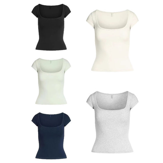 Skim * s new in stock American hot girl square collar slim slim short sleeve Joker T-shirt top female Kardashian