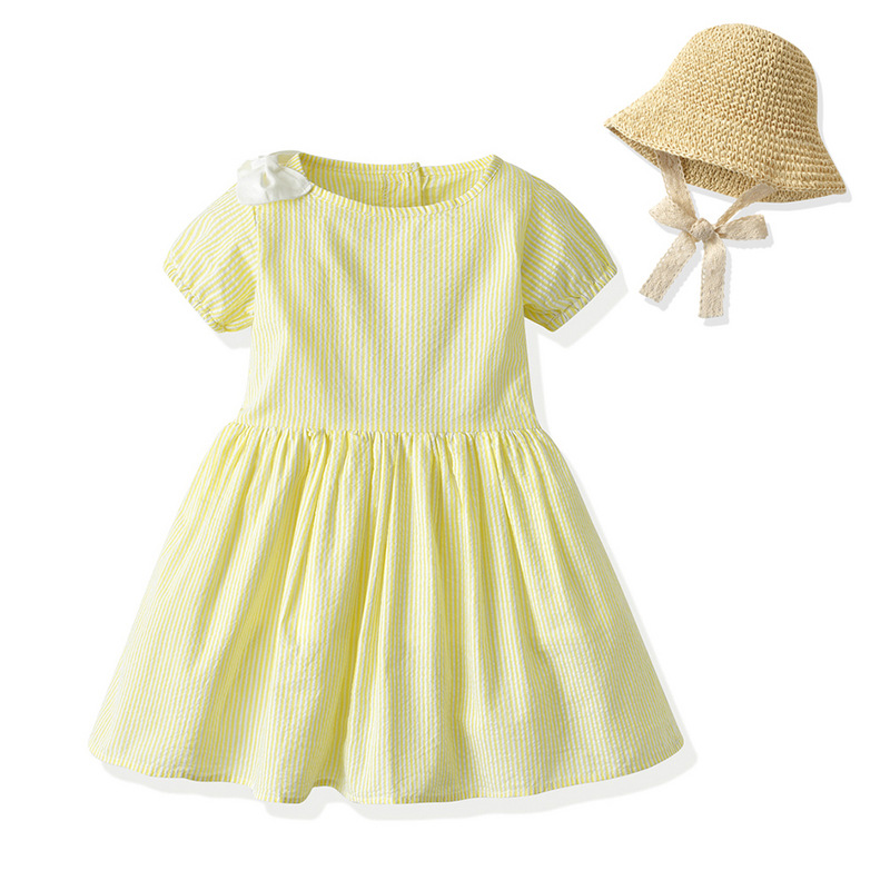 Verano de manga corta rayas de color caramelo vestido de niña sombrero de paja set de algodón de moda coreano vestido de color sólido