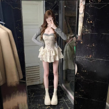 新款春夏开衫甜辣碎花修身两件套显瘦温柔气质纯欲套装吊带连衣裙