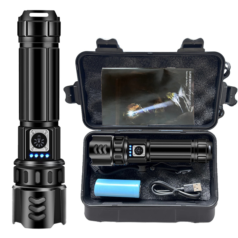 Linterna de luz fuerte de aleación de aluminio explosiva transfronteriza, batería, conveniente para exteriores, linterna de largo alcance con zoom pequeño de emergencia