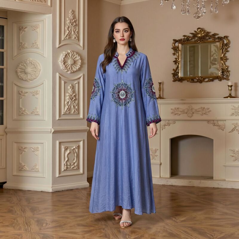 Cross-Border Tk Hot-Selling Elegant Embroidered Robe in Stock, Factory Wholesale Embroidered Long Dress, Malaysian Clothing Robe