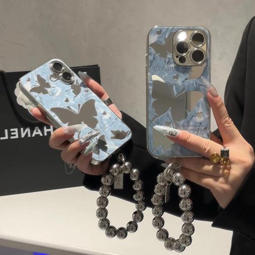 Ins silhouette butterfly suitable for Apple iPhone 16 Pro electroplated mirror surface phone case for women with chain protective cover