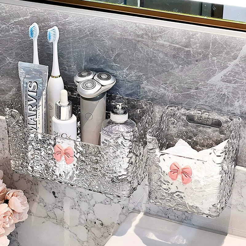 Cosmetic Storage Box Elite, no-drill wall-mount, transparent with optional bow (small/long)
