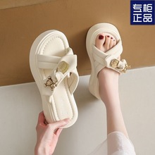 蝴蝶结夏季时尚拖鞋女拖鞋小熊装饰松糕底一字拖仙女风沙滩凉拖鞋