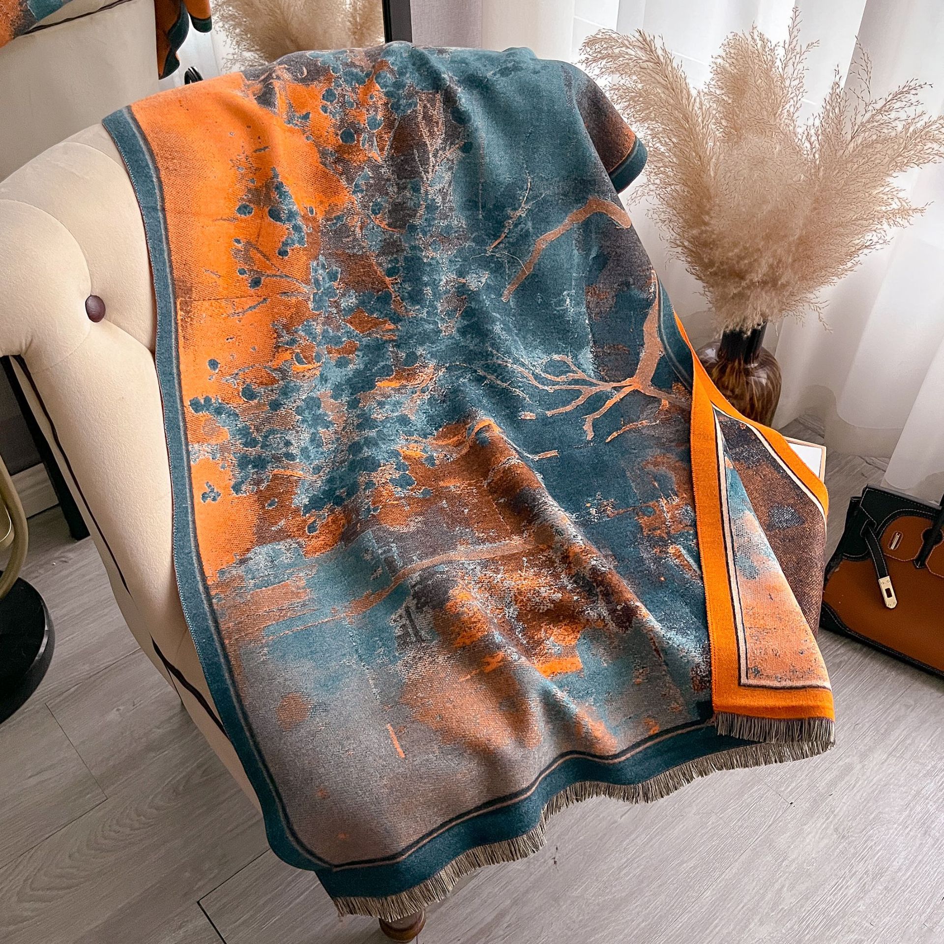 Retro pintura al óleo en color serie de combinación de imitación de cachemira gruesa mantel caliente otoño invierno nuevo estilo de literatura bufandas versátiles mujeres