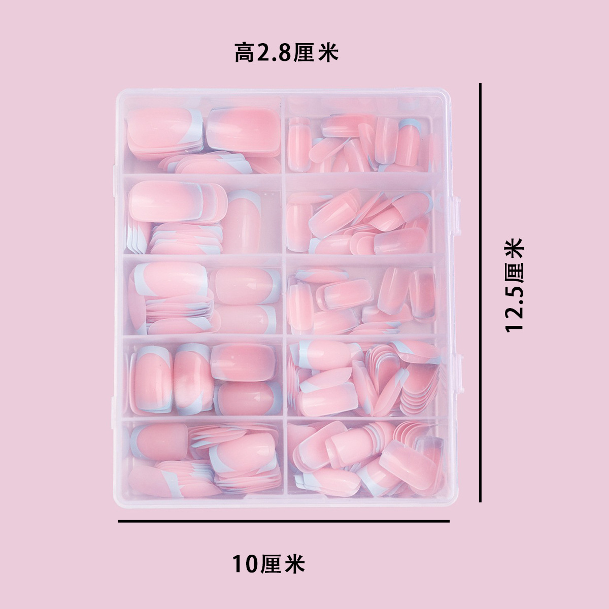 240 piezas de parche de uñas en caja rosa desnudo francés azul pálido líneas de borde simple versátil desmontable al por mayor